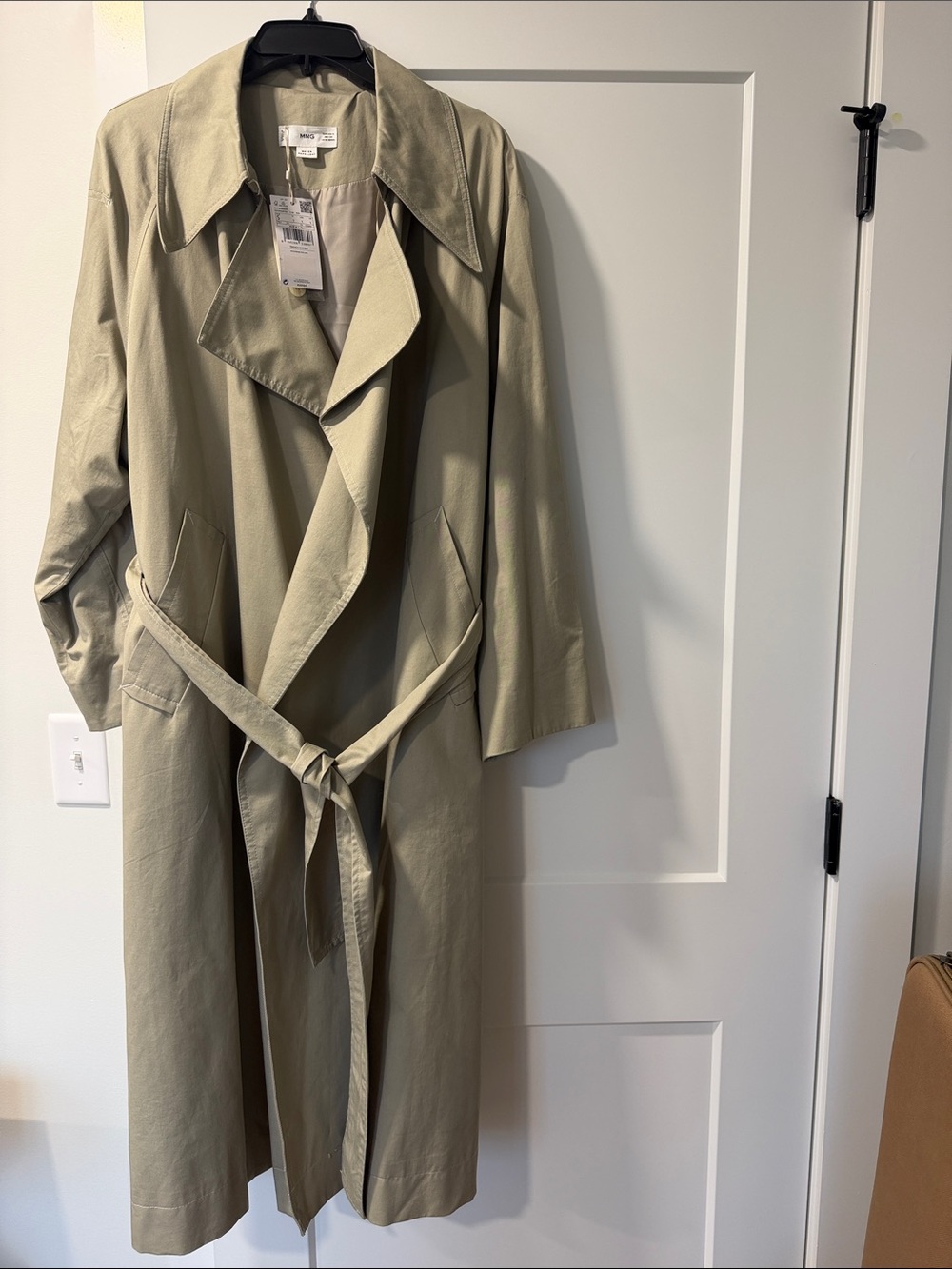 Mango Olive Green Long Trench Coat with Belt
